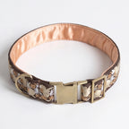 Dog collar with floral pattern and gold buckle on a white background