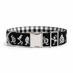 A black and white gingham dog collar with embroidered white occult symbols and a silver metal buckle.