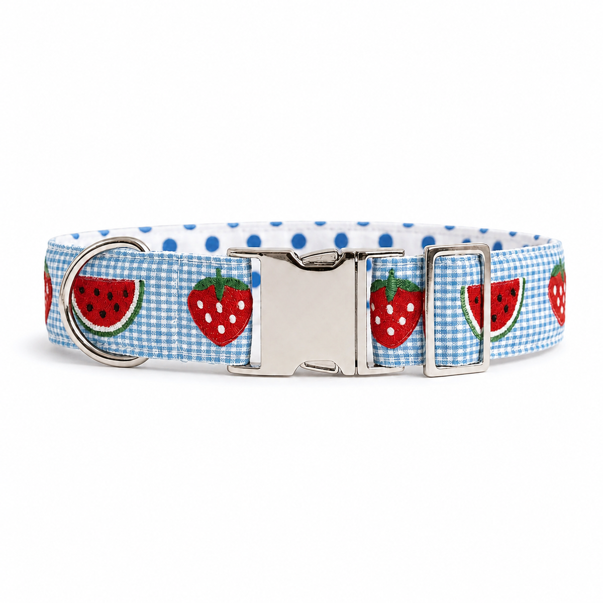 A fabric dog collar with a light blue and white gingham pattern, decorated with red strawberries and watermelon slices, featuring a silver metal buckle and D-ring, shown on a white background.