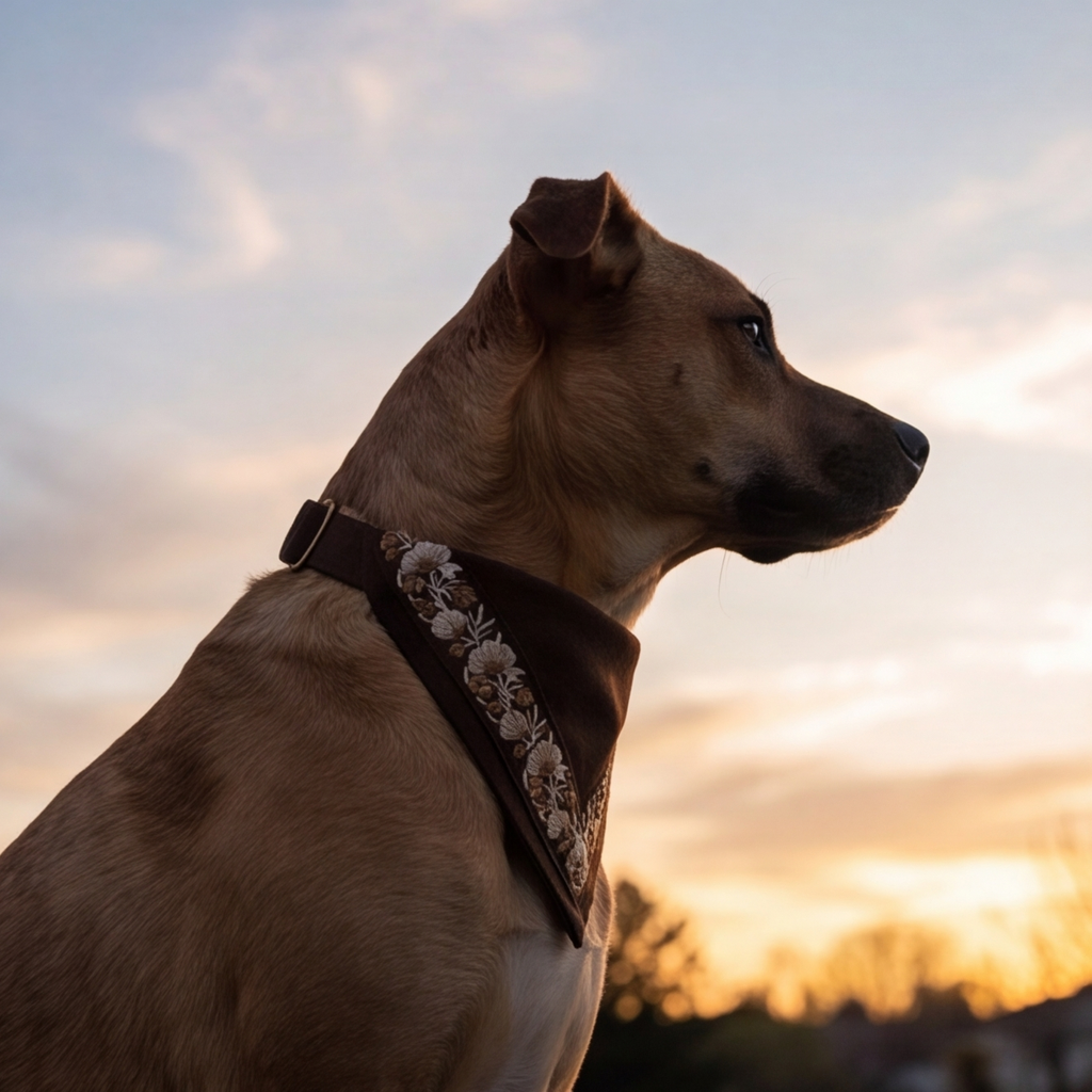 Dog wearing a floral bandana collar against a sunset sky