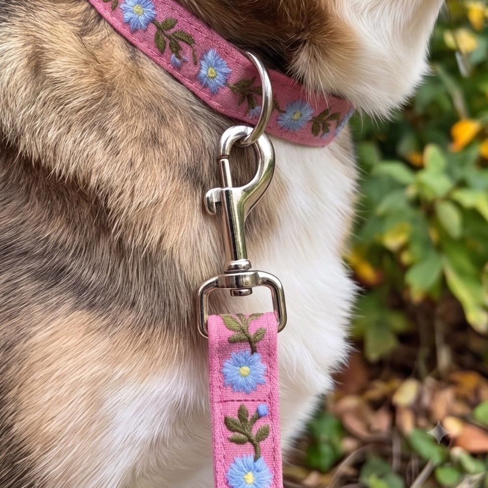Dog collar and leash with floral design on a blurred natural background