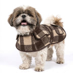 A small fluffy dog wearing a brown and beige plaid pet coat, standing against a solid white background.