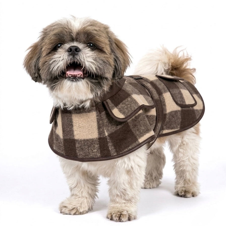 A small fluffy dog wearing a brown and beige plaid pet coat, standing against a solid white background.