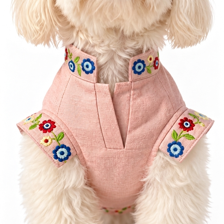 A small fluffy cream-colored dog wearing a light pink pet vest with colorful embroidered floral details on the collar and sides, set against a plain white background.