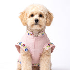 A small cream-colored poodle sitting and wearing a light pink pet shirt with colorful embroidered floral details on the collar and sleeve cuffs, set against a plain white background.