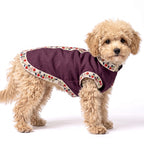 A small fluffy cream-colored dog wearing a purple dog coat with a floral patterned border, photographed against a solid white background.