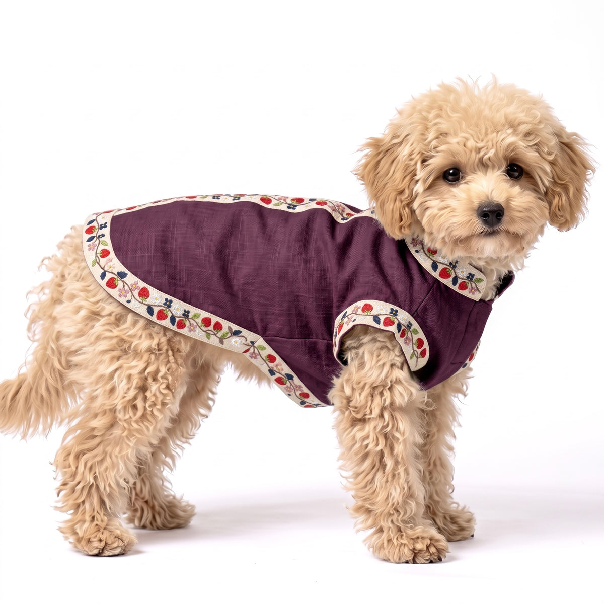 A small fluffy cream-colored dog wearing a purple dog coat with a floral patterned border, photographed against a solid white background.