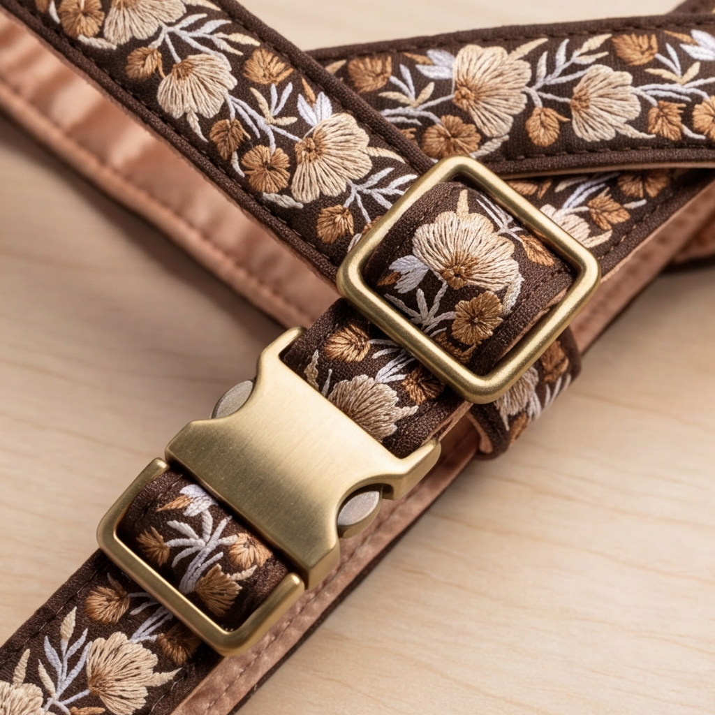 Floral embroidered harness strap with antique buckle on a wooden surface
