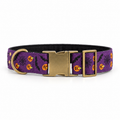 A purple dog collar with a Halloween pattern of orange pumpkins, black bats, spiderwebs, and stars, featuring a brass buckle and D-ring, shown on a white background.