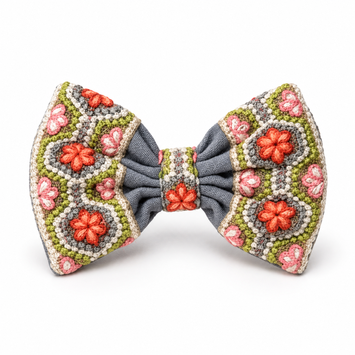 A decorative bow tie featuring a gray fabric base with intricate beaded floral patterns in coral red, pink, and olive green, set against a plain white background.