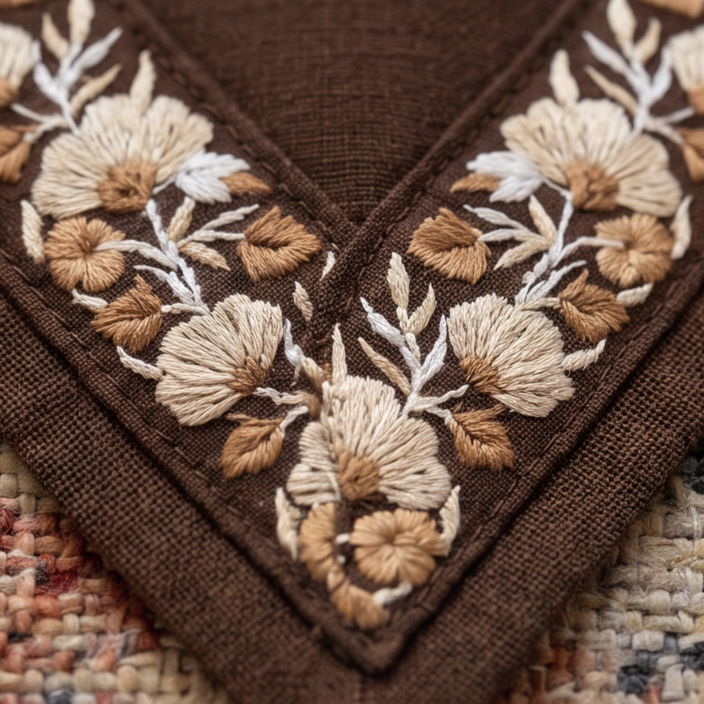 Close-up of brown fabric with intricate floral embroidery