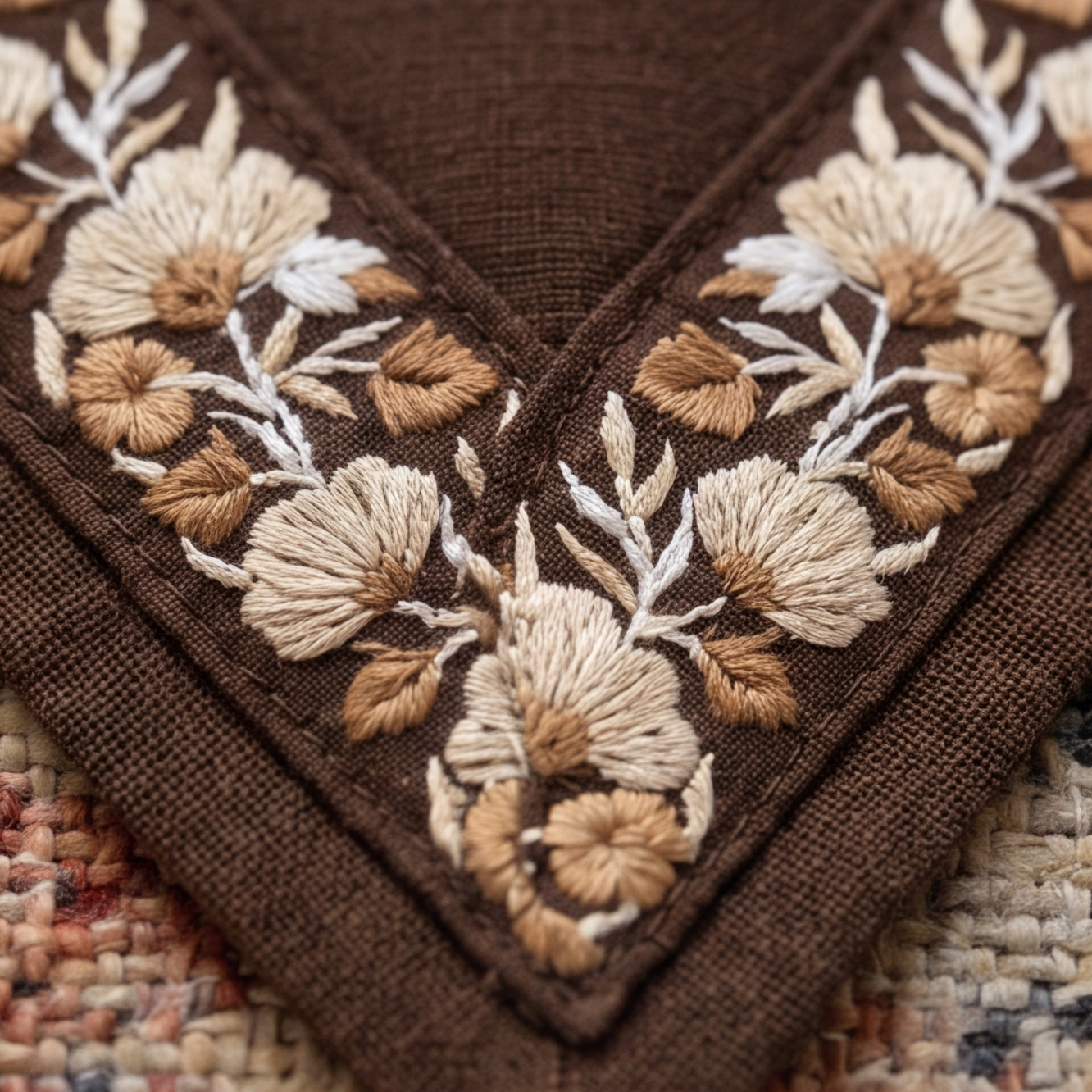 Close-up of brown fabric with intricate floral embroidery