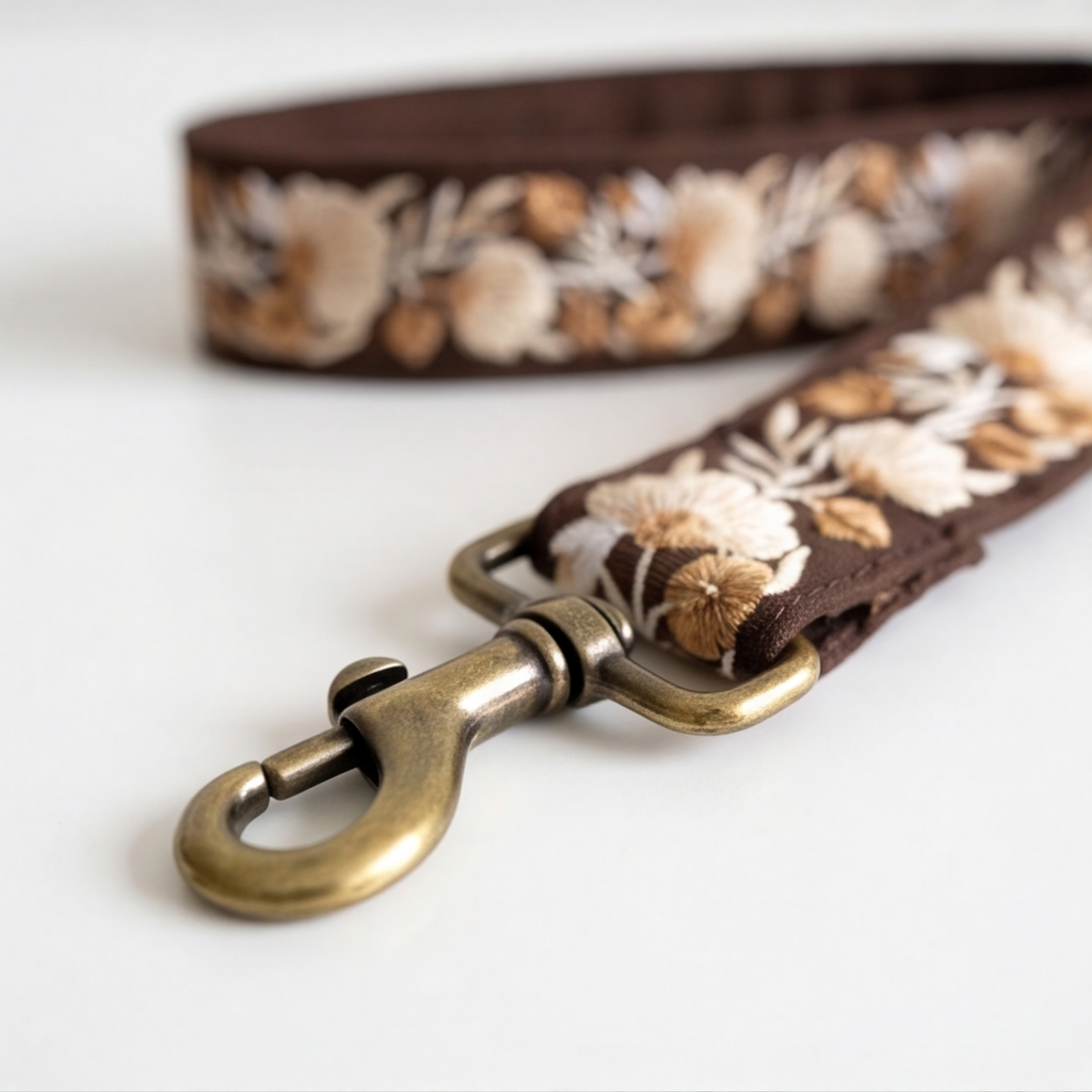 Floral-patterned dog leash with brass clasp on a white background