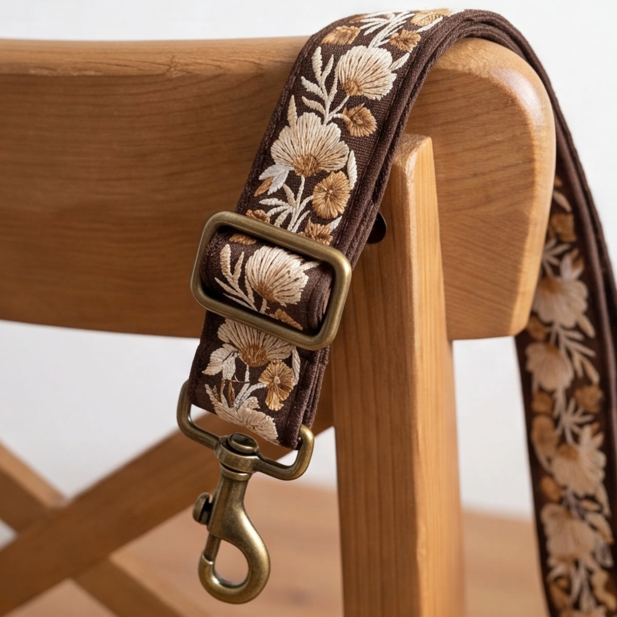 Floral-patterned dog leash with brass hardware on a wooden chair.