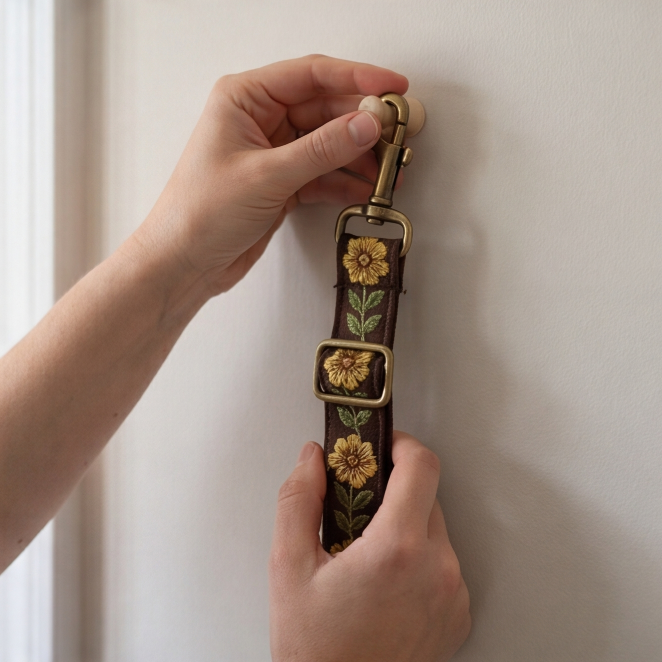 Hand holding a decorative brown leash with floral embroidered patterns against a neutral background