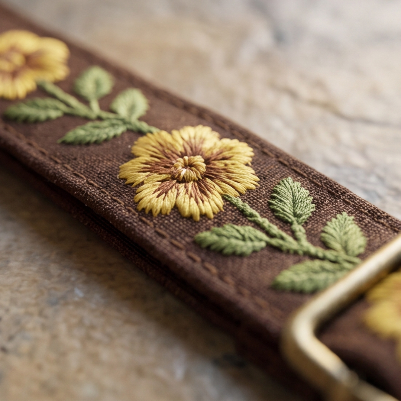 Embroidered floral design on a brown pet leash with a blurred background