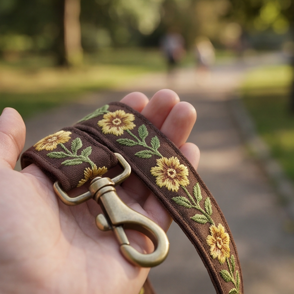 Floral embroidered leash held in a hand with a park background