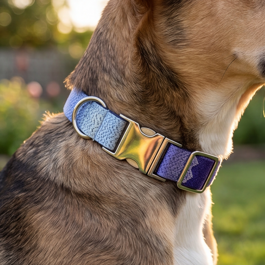 Dog wearing a collar with a metallic buckle in an outdoor setting