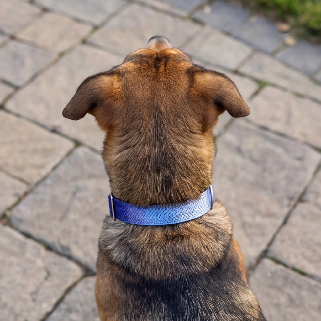 Dog wearing a blue collar on a paved walkway