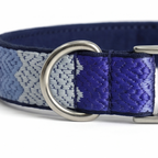 Blue and gray patterned dog collar with a silver D-ring on a white background