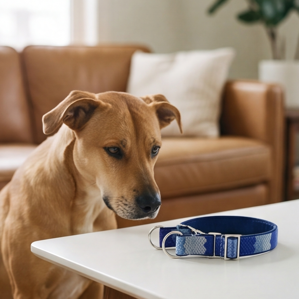 Dog with a blue collar on a table in a living room setting