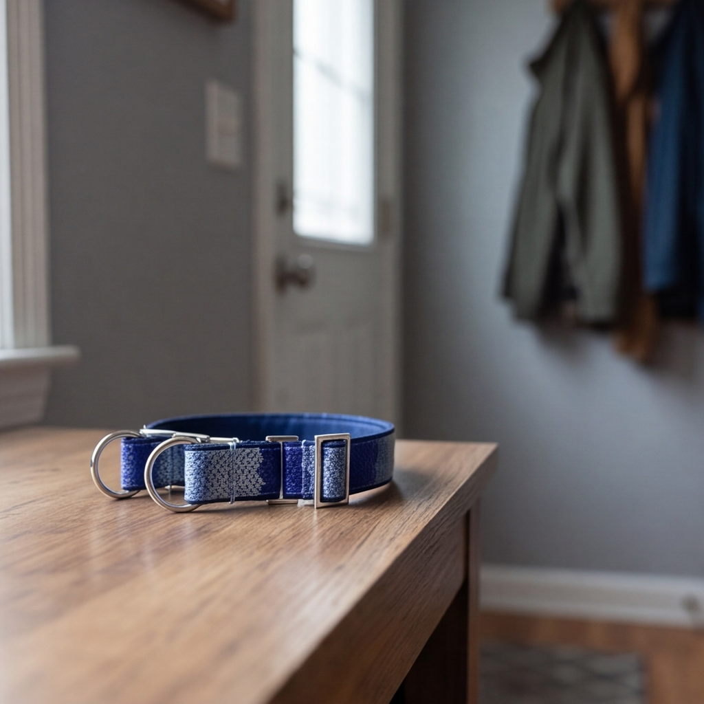 Blue dog collar on a wooden table with a blurred background