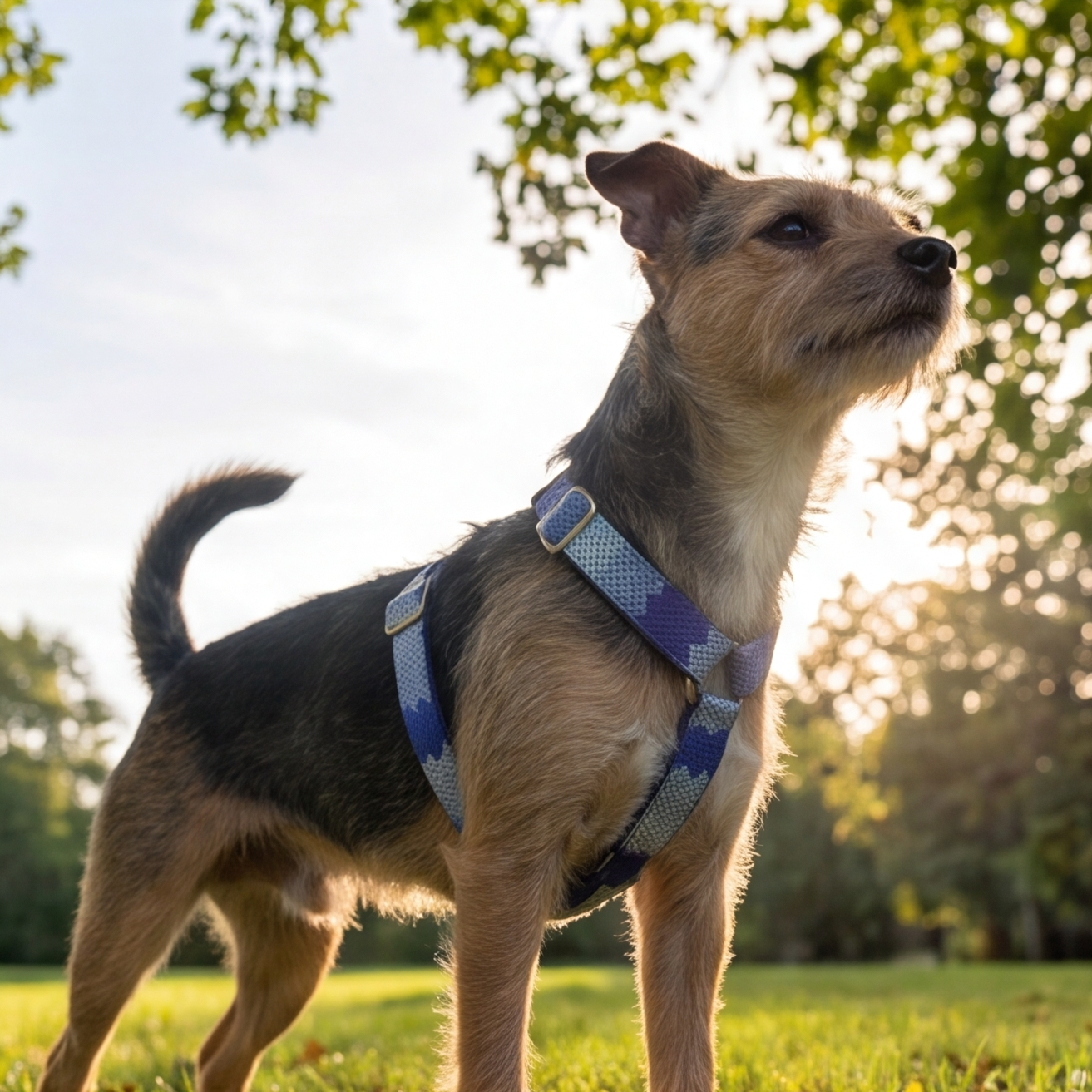 Dog wearing a blue harness standing on grass with trees in the background