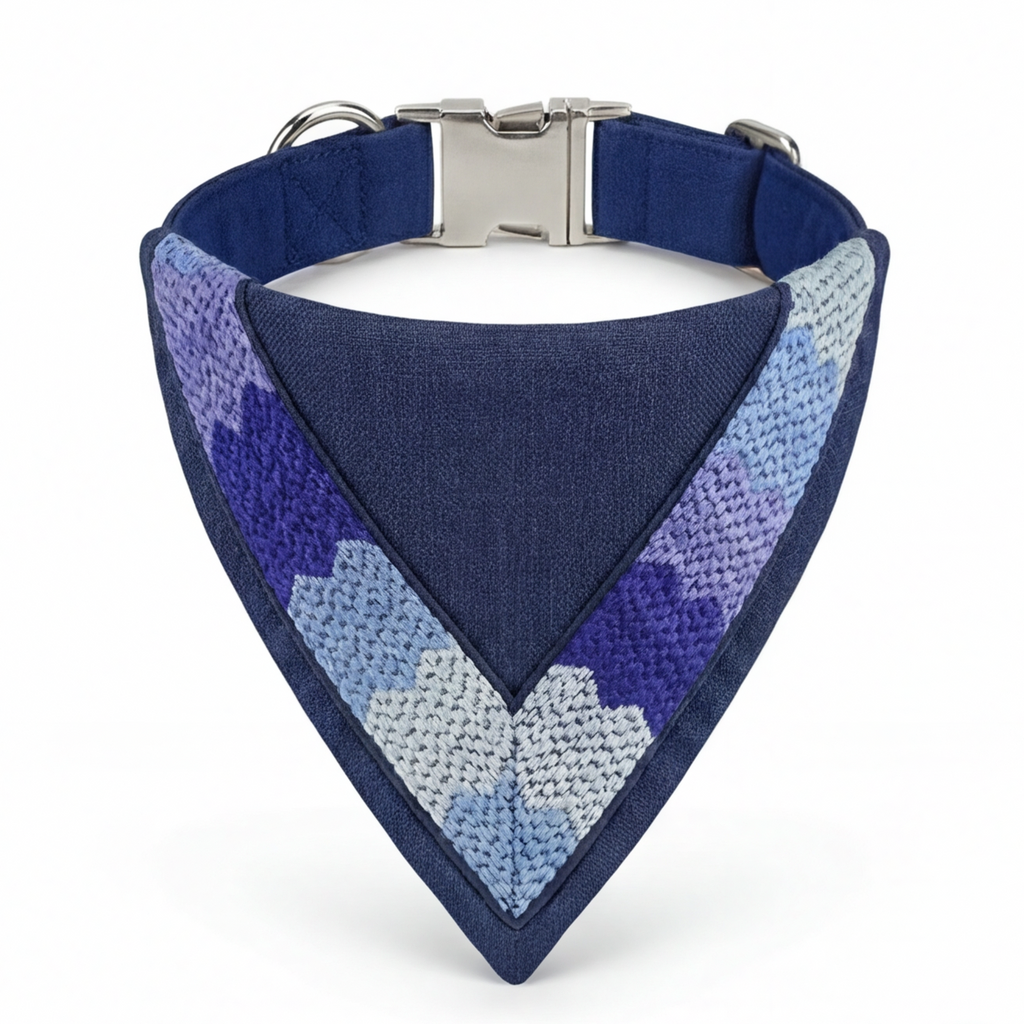 Blue and purple patterned dog collar on a white background