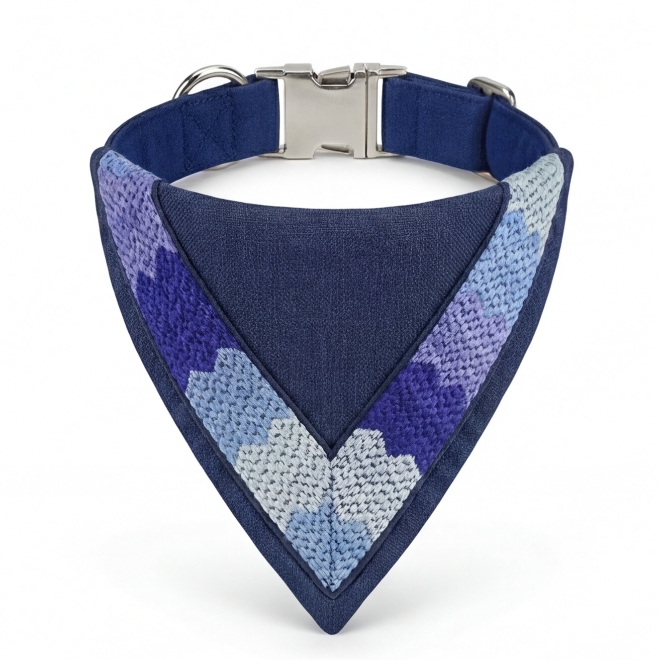 Blue and purple patterned dog collar on a white background