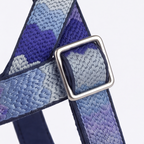 Blue and gray patterned strap with a silver buckle on a white background