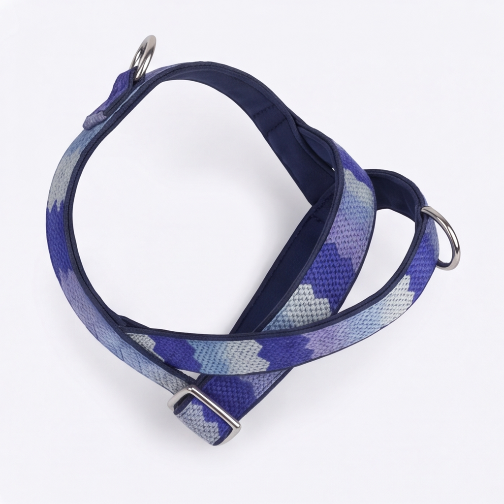 Blue patterned dog harness on a white background