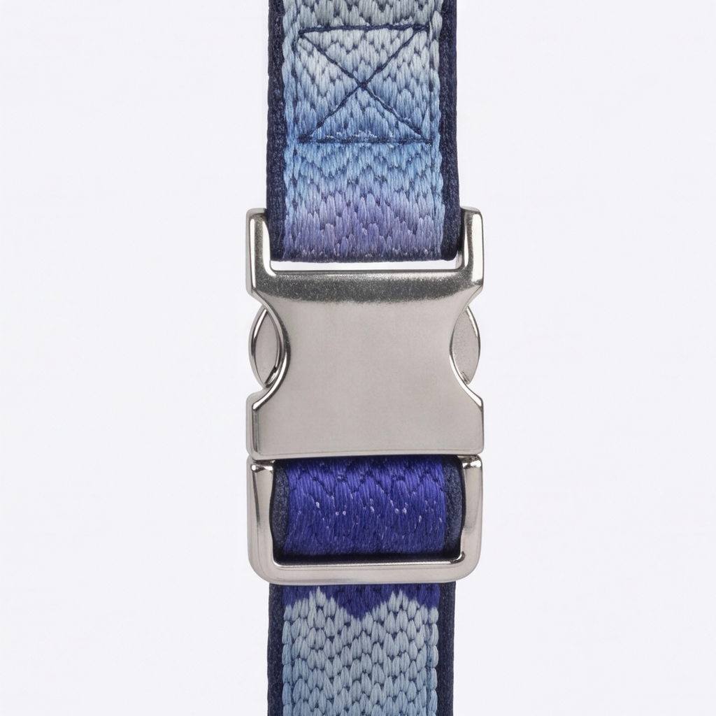 Blue and gray striped dog collar with a silver buckle on a white background