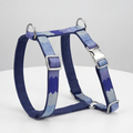 Blue and gray patterned dog harness on a white background