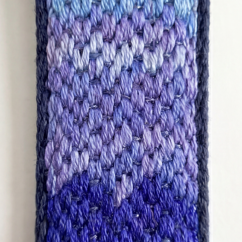 Close-up of a blue and purple woven pattern dog and cat leash