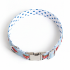 Dog collar with blue polka dot pattern and red and white accents on a white background