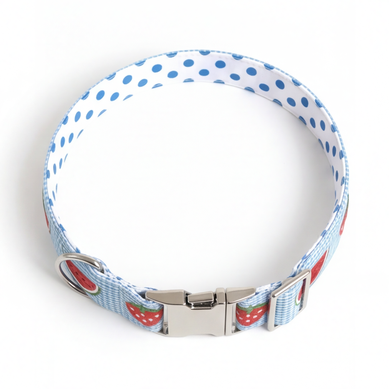 Dog collar with blue polka dot pattern and red and white accents on a white background