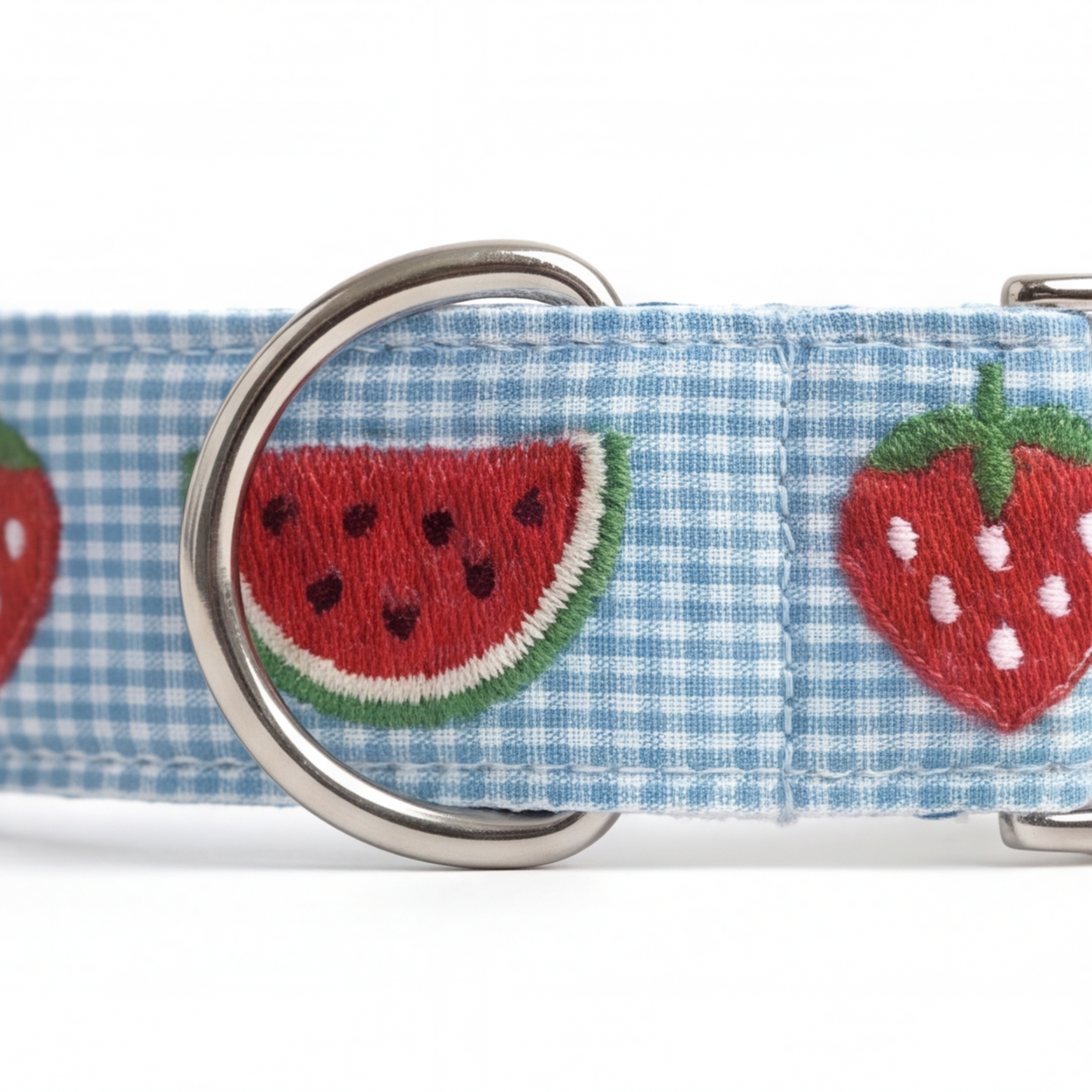 Dog collar with watermelon and strawberry pattern on a blue checkered background