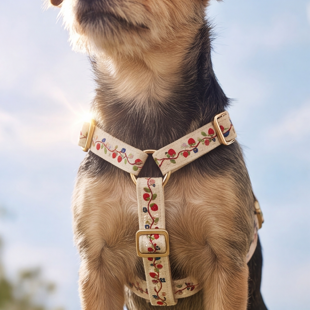 A close-up of a dog wearing a cream-colored harness decorated with a red and blue floral vine pattern and gold-tone hardware, set against a bright, sunlit sky background.