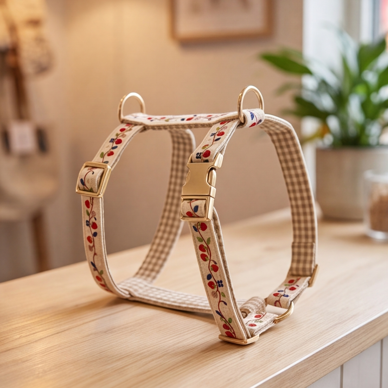 A dog harness with a beige and brown gingham check pattern, red and blue floral embroidery, and gold-tone metal hardware, displayed on a light wooden table in a warm, softly blurred indoor setting.