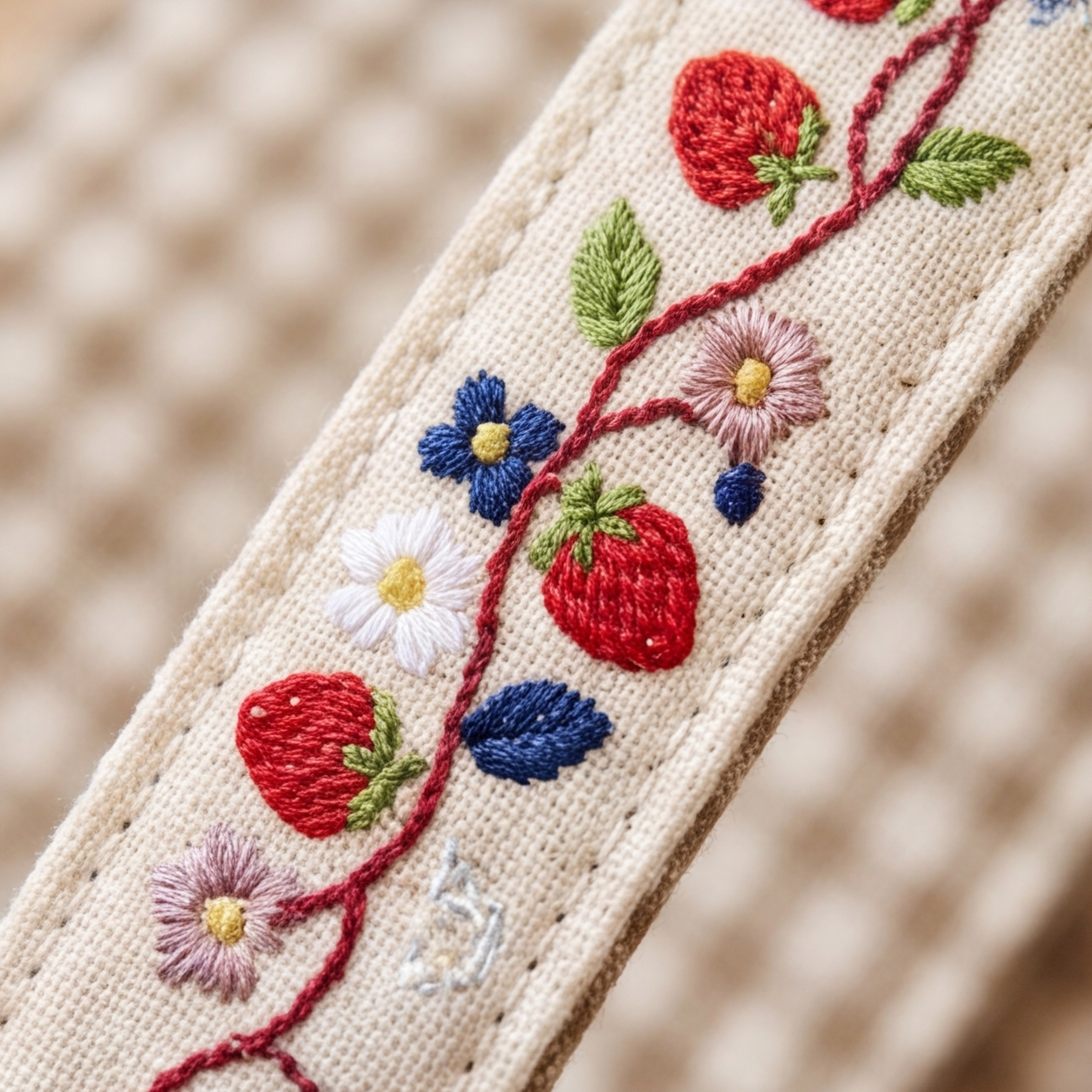 Close-up of a cream-colored woven strap featuring embroidered strawberries, blue and pink flowers, and green leaves on a red vine, set against a softly blurred beige background.