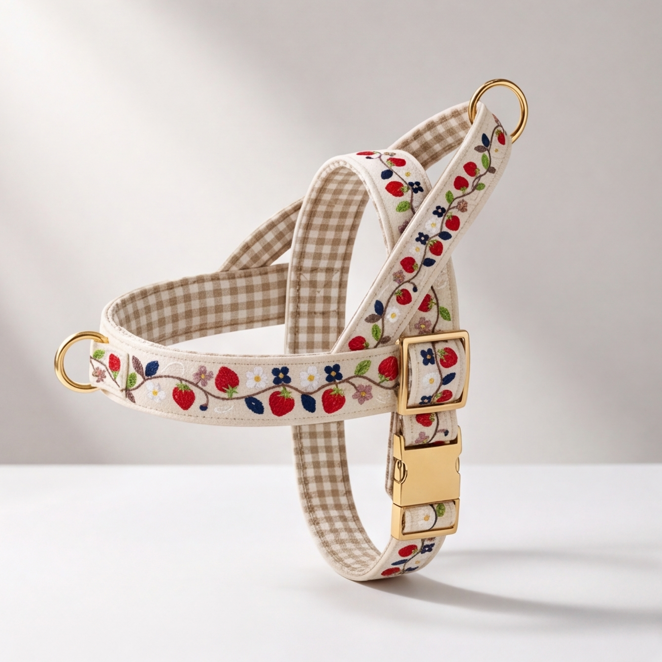 A cream-colored dog harness with a beige and white gingham check pattern, decorated with embroidered red strawberries, blue flowers, and green leaves. It features gold-tone metal hardware, including a buckle, rings, and a leash attachment point, shown on a clean white background.
