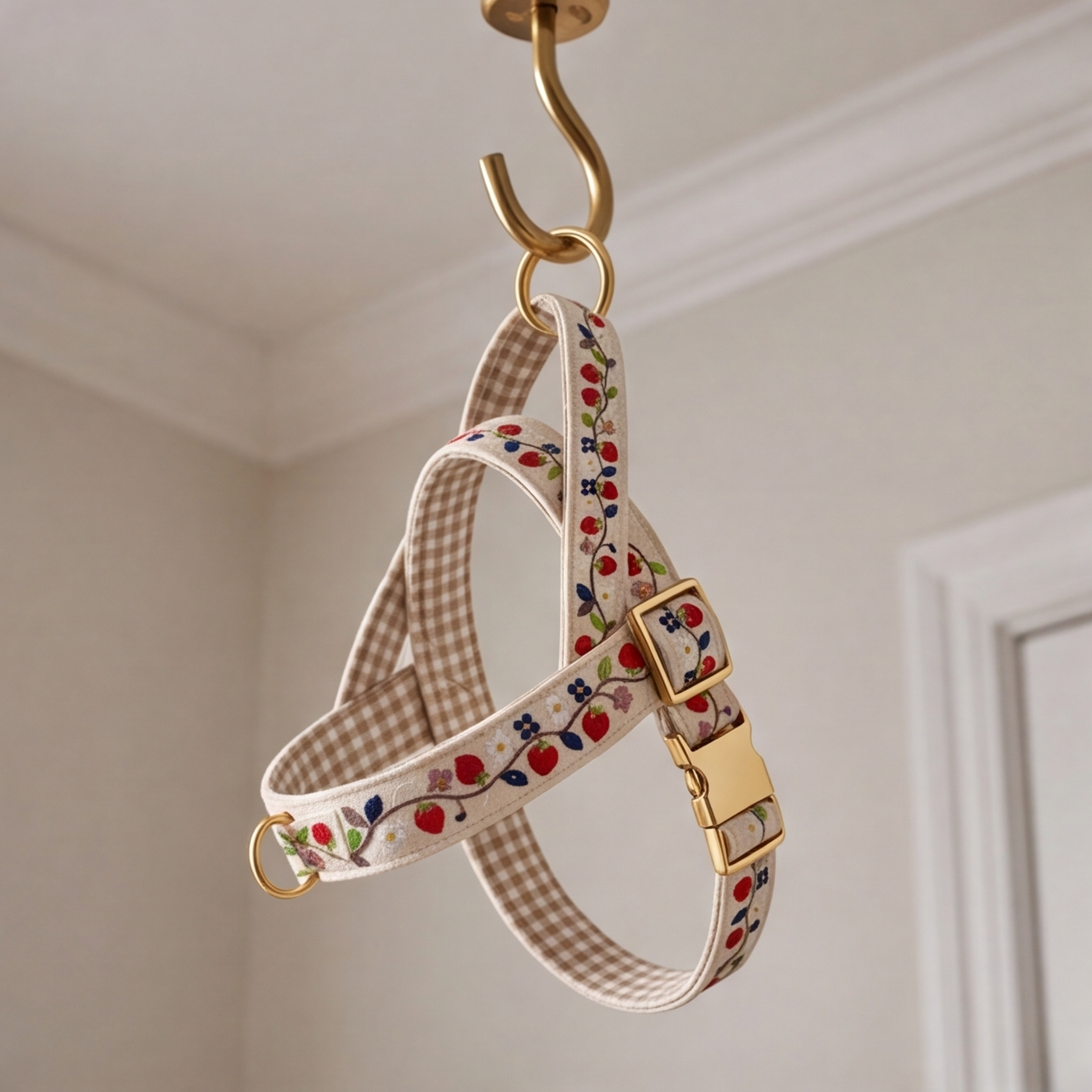 A fabric dog harness with a beige and white gingham pattern, decorated with a red cherry and green leaf print, featuring gold-tone hardware and a buckle, hanging from a gold hook.