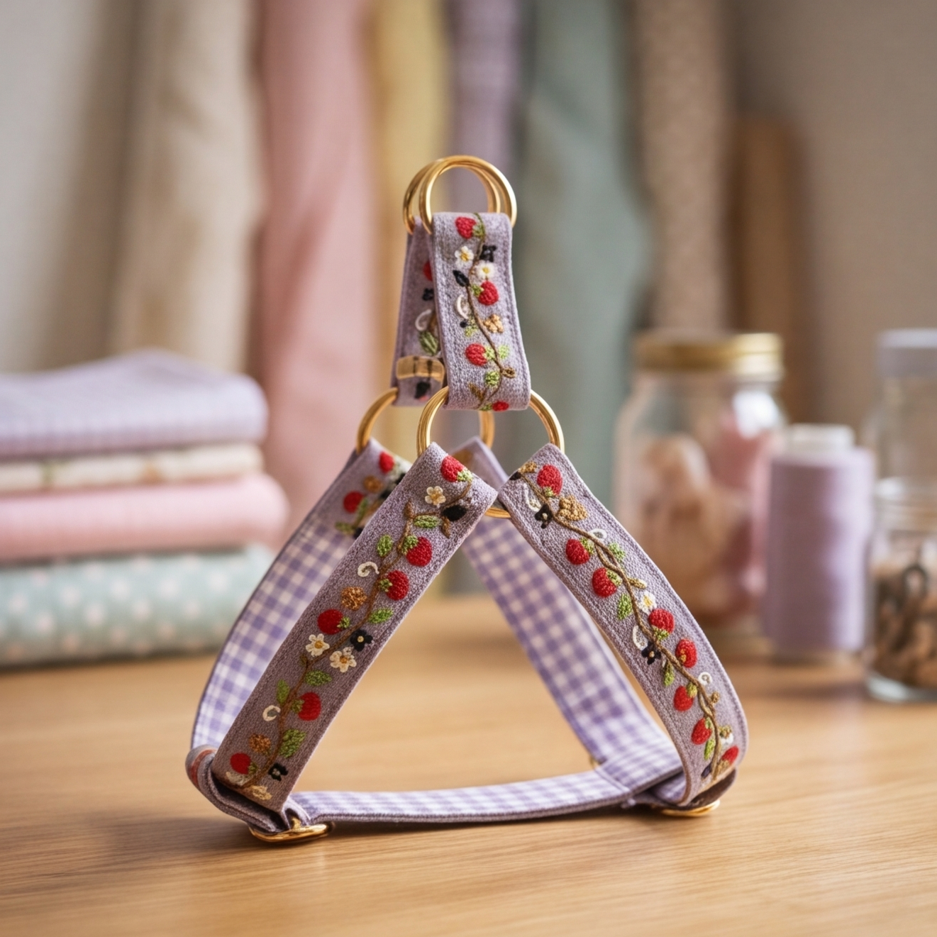 A lavender and white gingham pet harness with colorful floral embroidery and gold-tone metal rings, displayed on a wooden surface with a soft-focus background.
