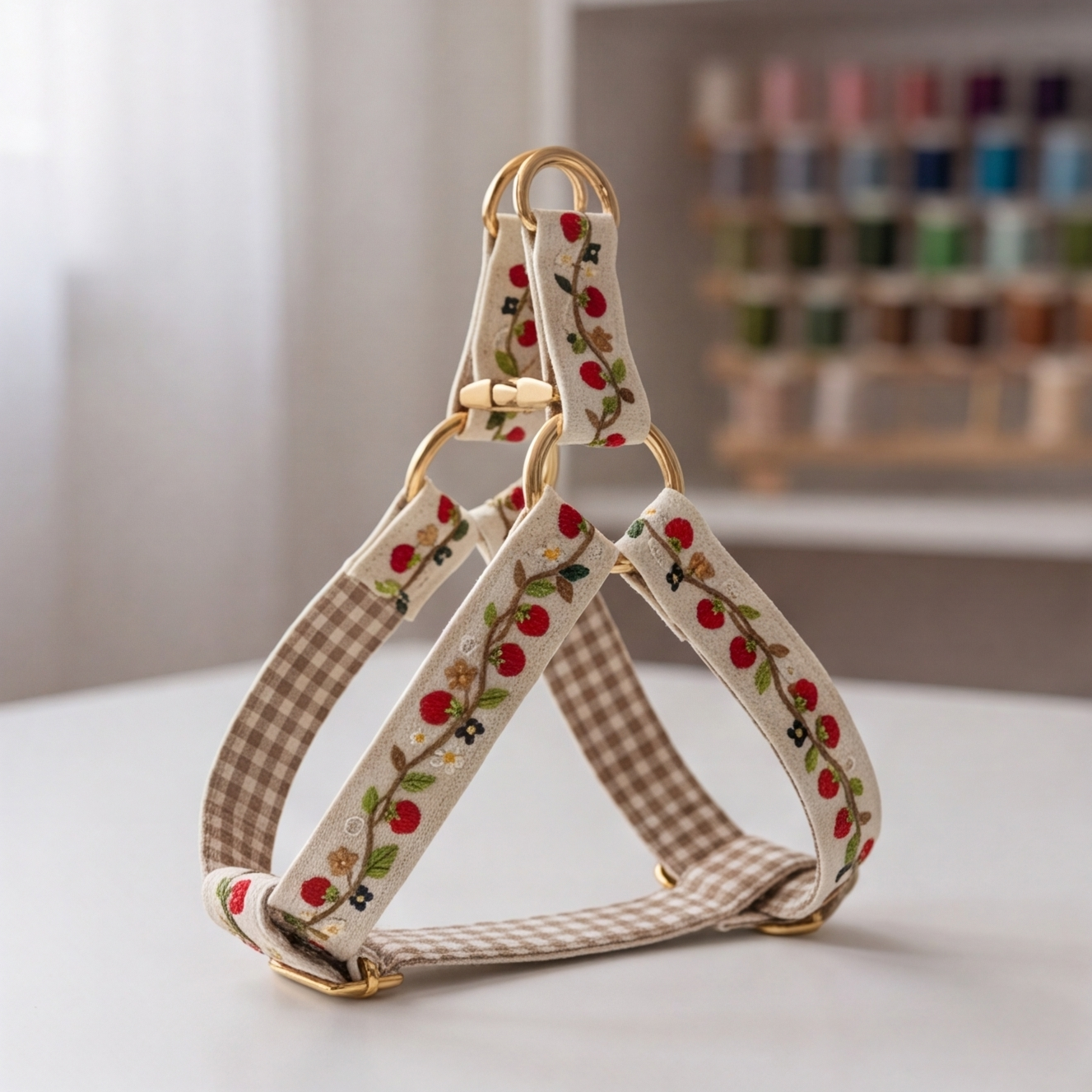A pet harness with cream-colored straps featuring a red strawberry and green leaf pattern, brown and beige gingham fabric lining, and gold-tone metal hardware, displayed on a white surface with a blurred background.