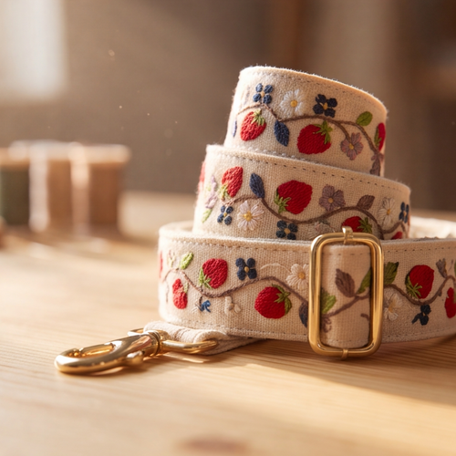A close-up of a woven fabric strap or belt with a gold-tone buckle and clasp, featuring embroidered red strawberries, blue flowers, and green leaves on a light beige background, resting on a wooden surface.