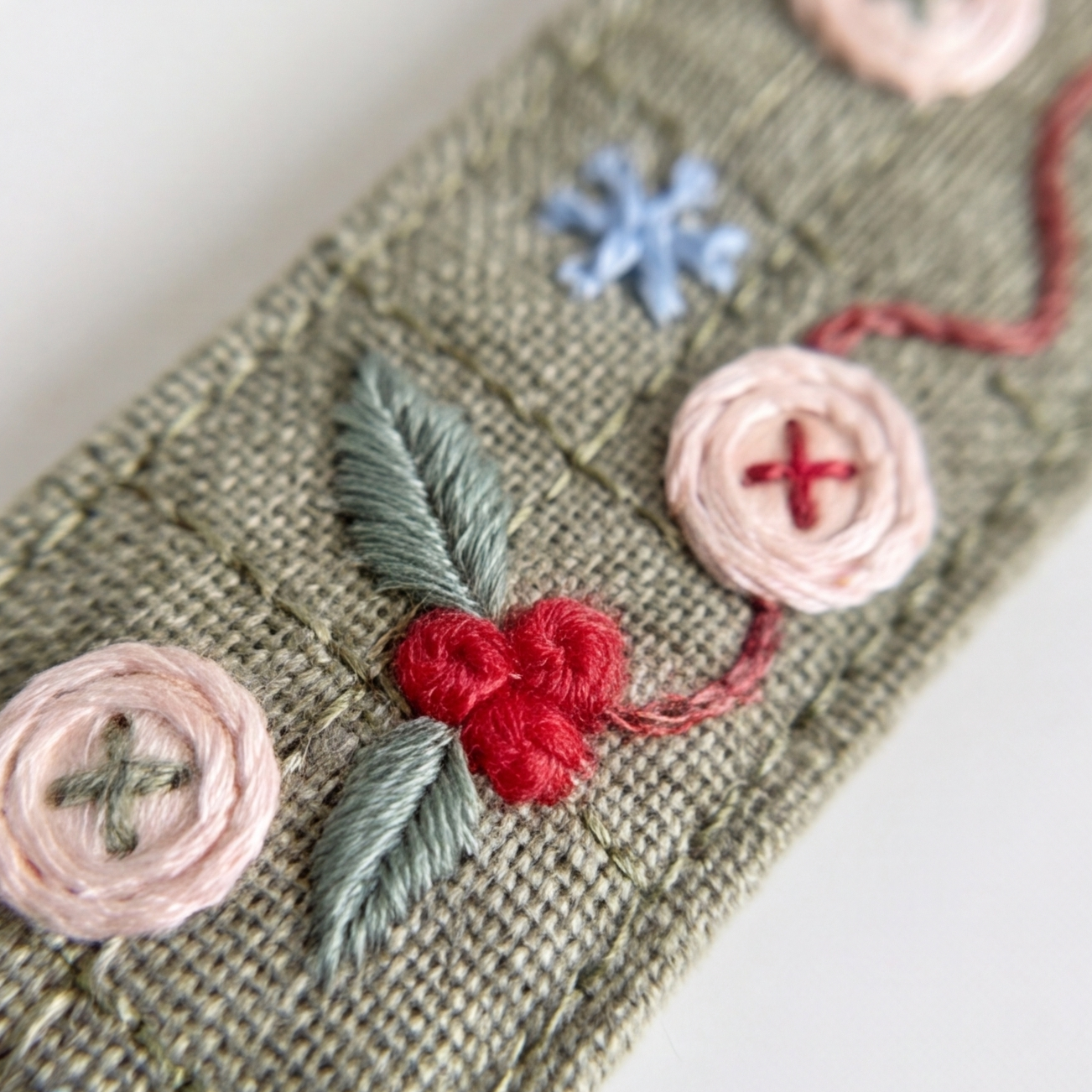 Close-up of a woven olive green textile featuring embroidered floral details, including a red berry motif with green leaves, pink circular flowers with red crosses, a light blue snowflake, and red thread accents.