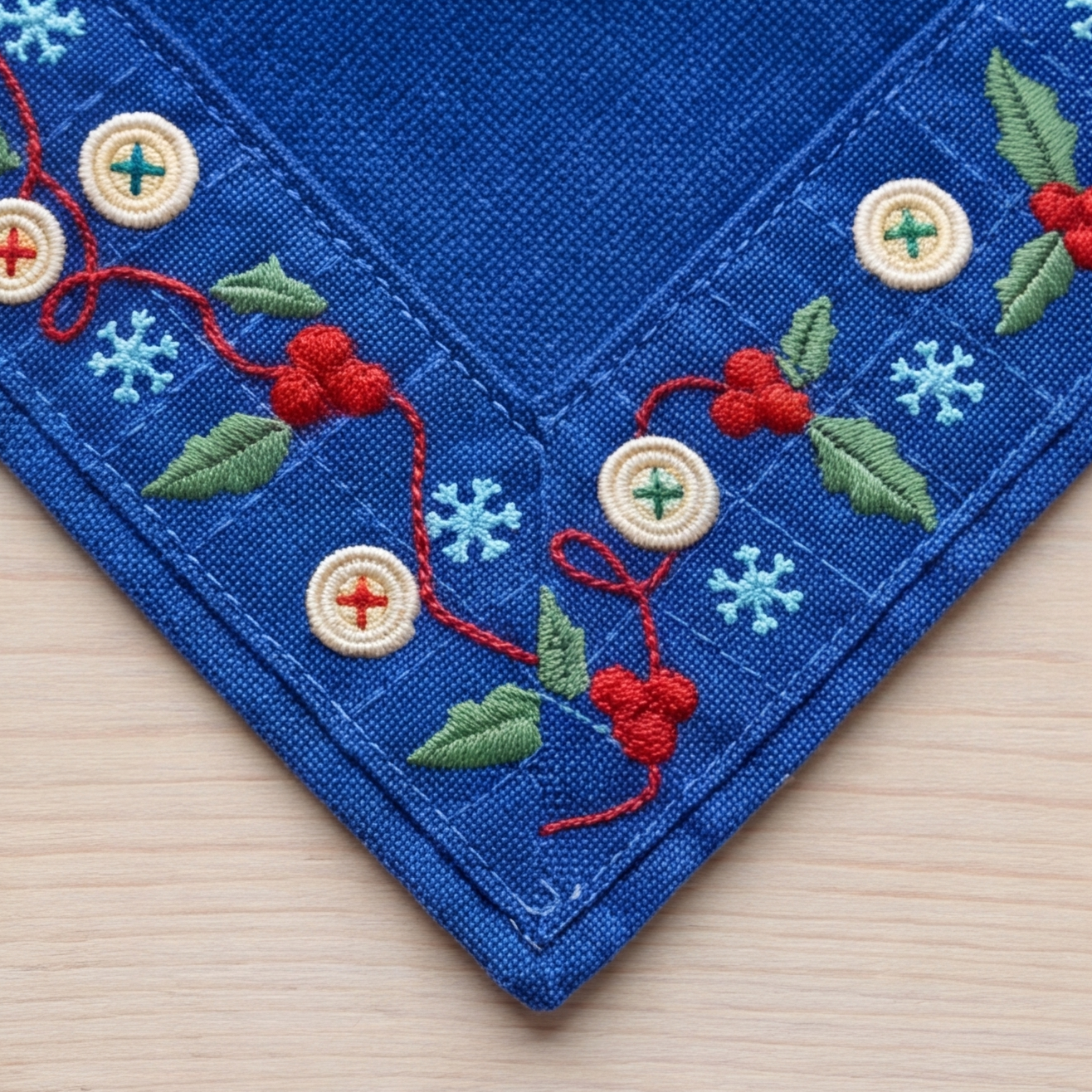 A close-up of a blue embroidered fabric corner, likely a napkin, coaster, or decorative textile, featuring red berries, green leaves, white snowflakes, and cream buttons on a light wood surface.