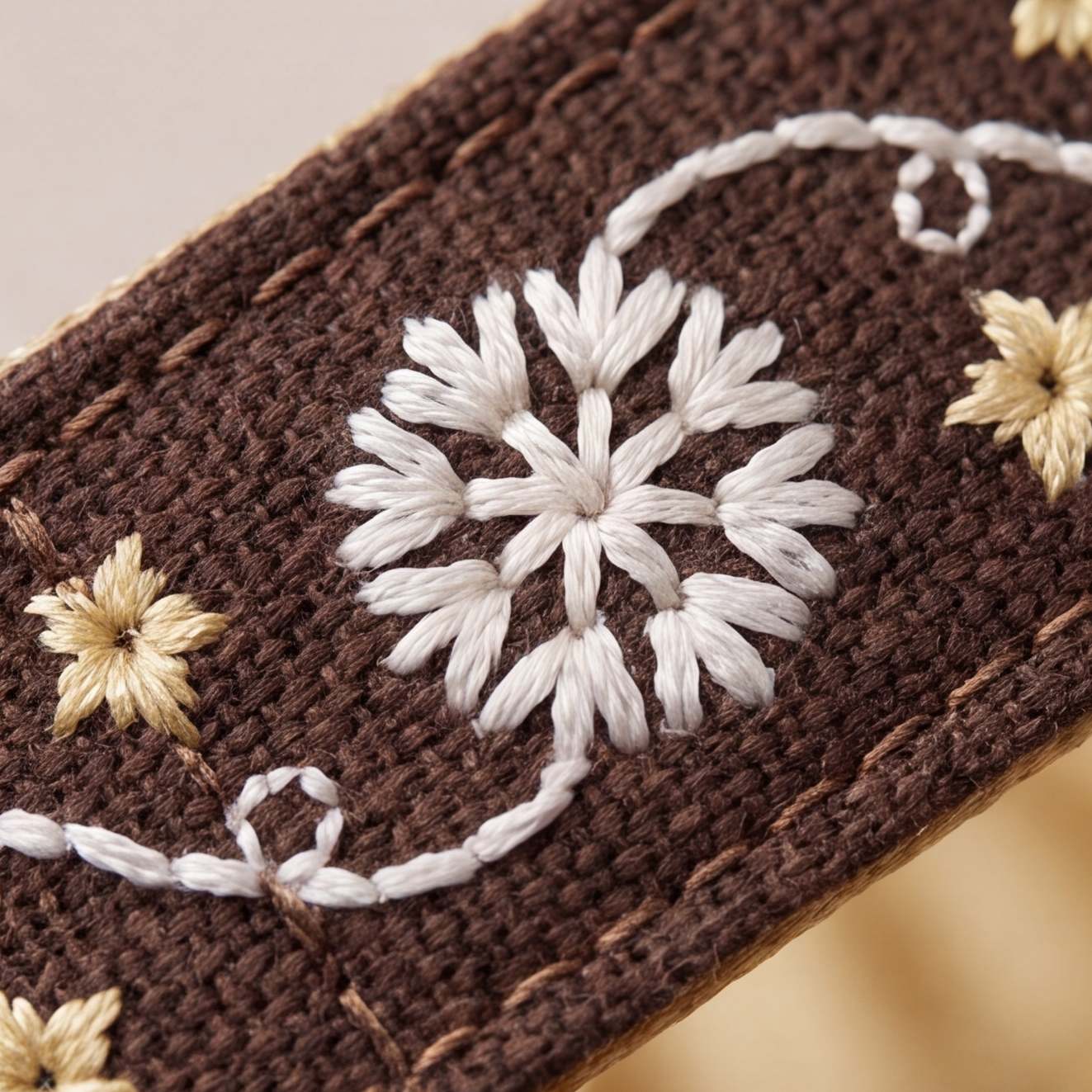 Close-up of a brown crocheted or knitted textile with white embroidered floral motifs and small beige flowers, shown diagonally against a softly blurred warm background.