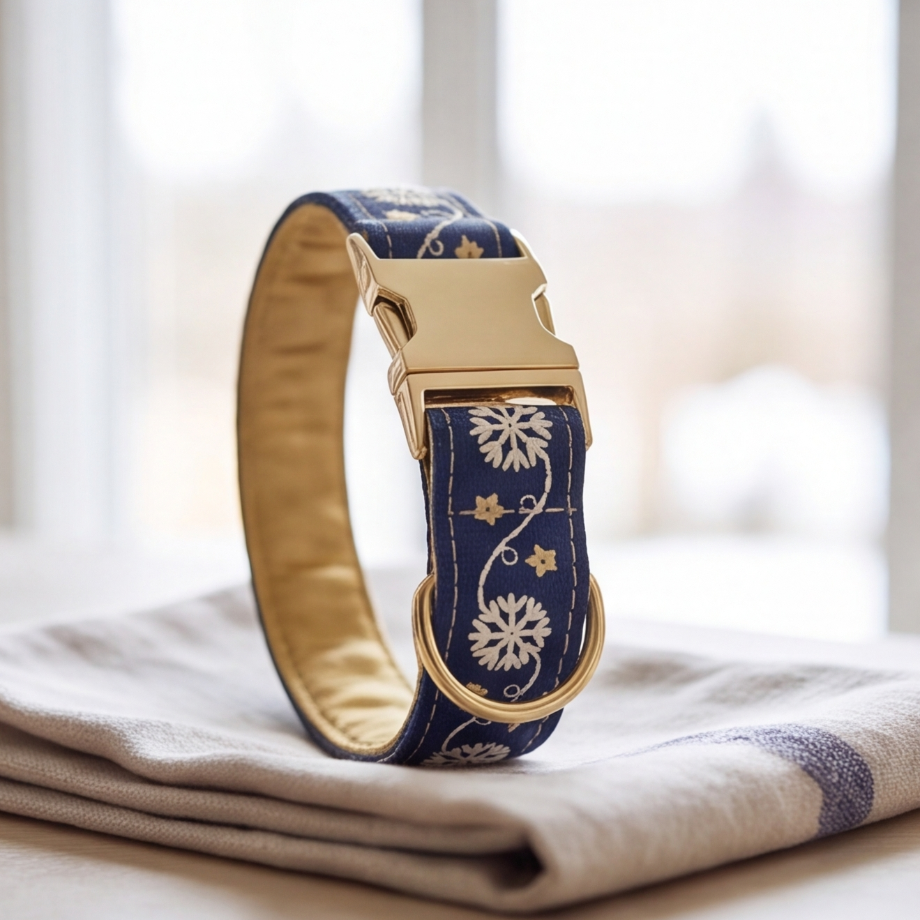 A navy blue fabric dog collar with white embroidered snowflake and vine patterns, featuring a gold-tone metal buckle, resting on a folded beige cloth.