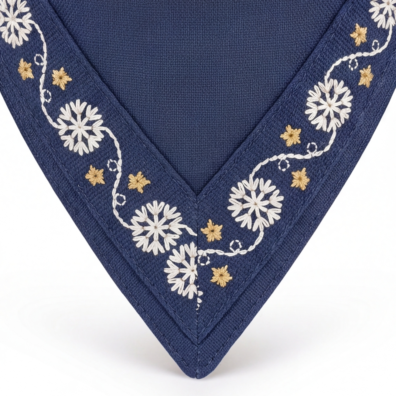 A close-up of a navy blue triangular fabric item, likely a bib or scarf, featuring white embroidered snowflakes and gold star accents along the border.